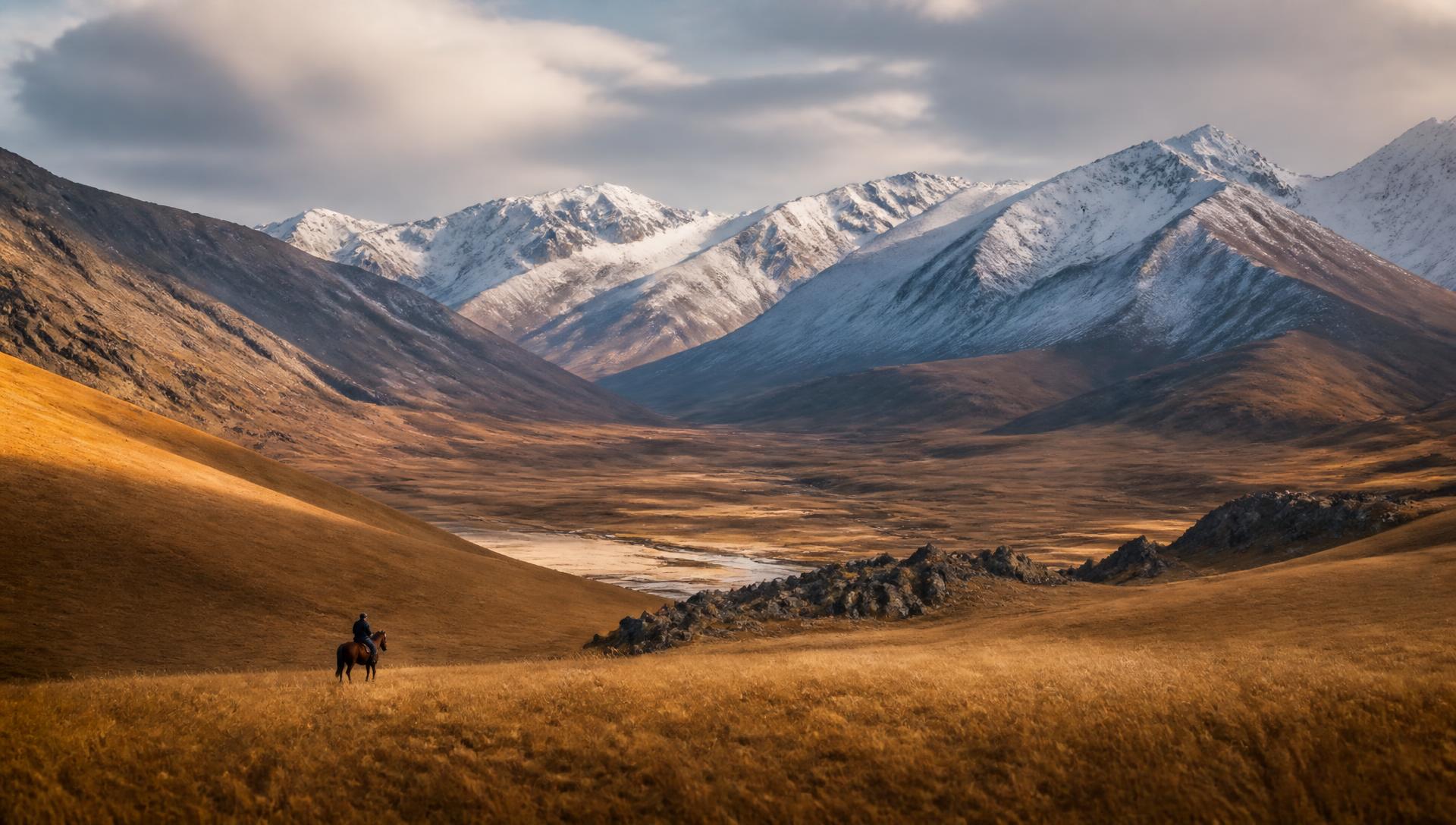 Jinete solitario en un valle de las montañas Altái en Mongolia