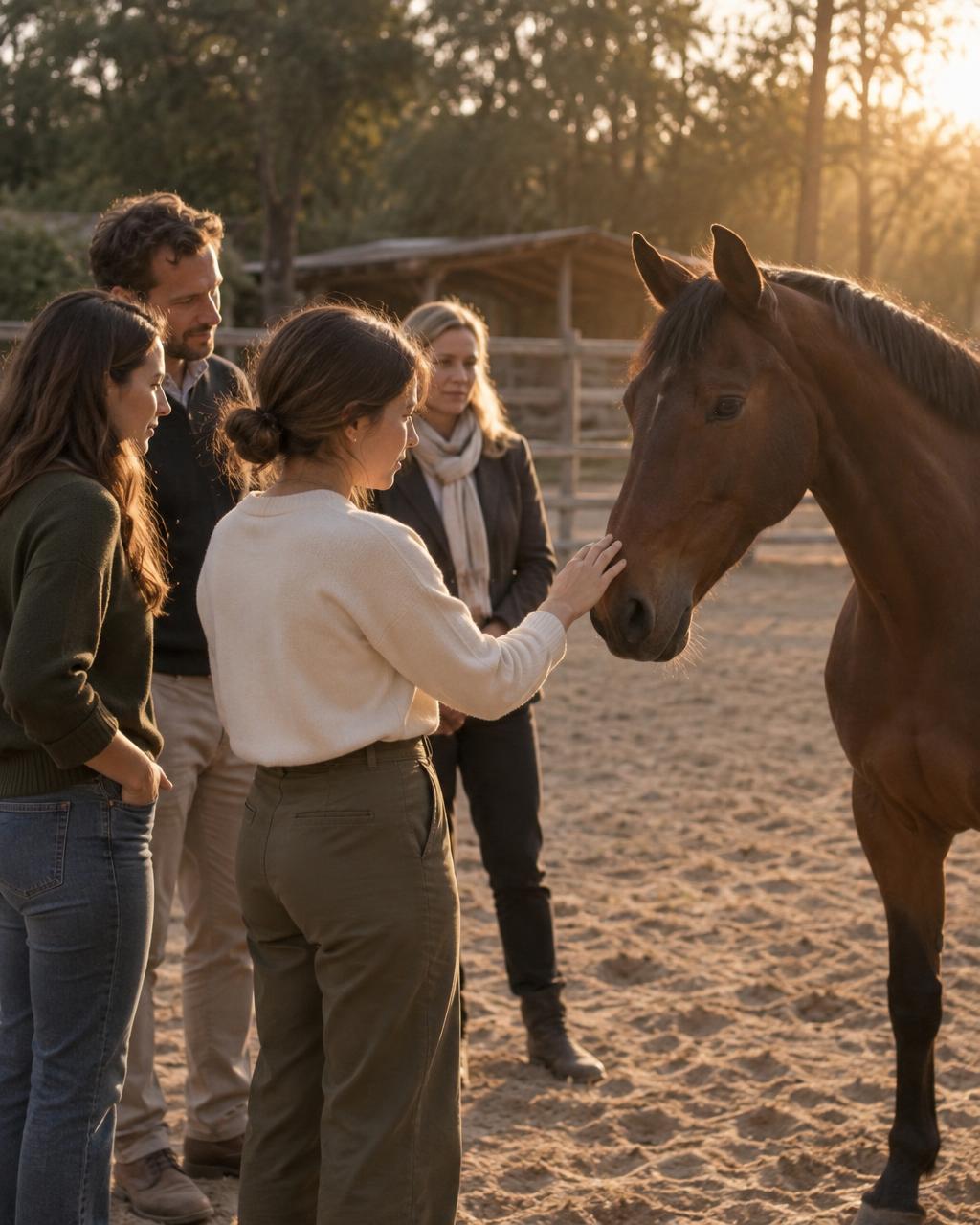 Equipo corporativo en experiencia con caballos