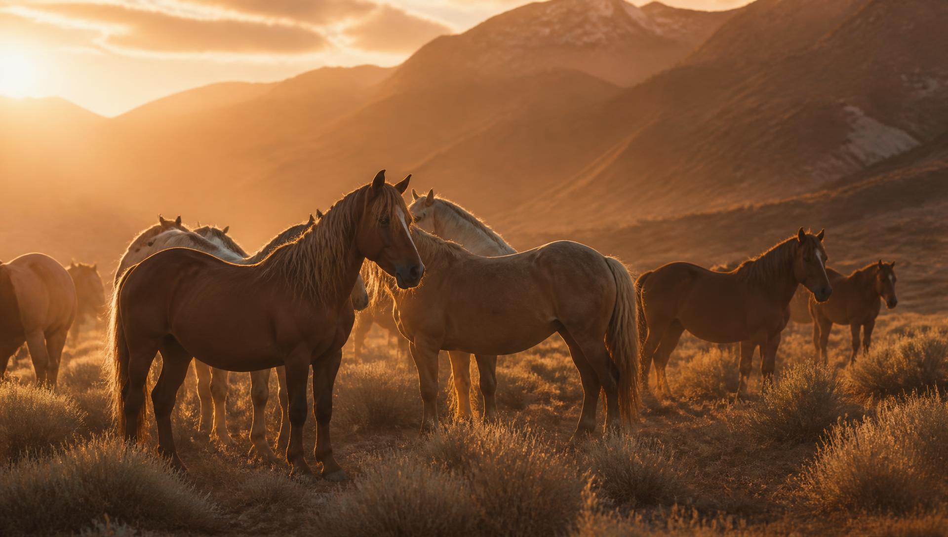Manada de caballos en un valle abierto a la luz del atardecer