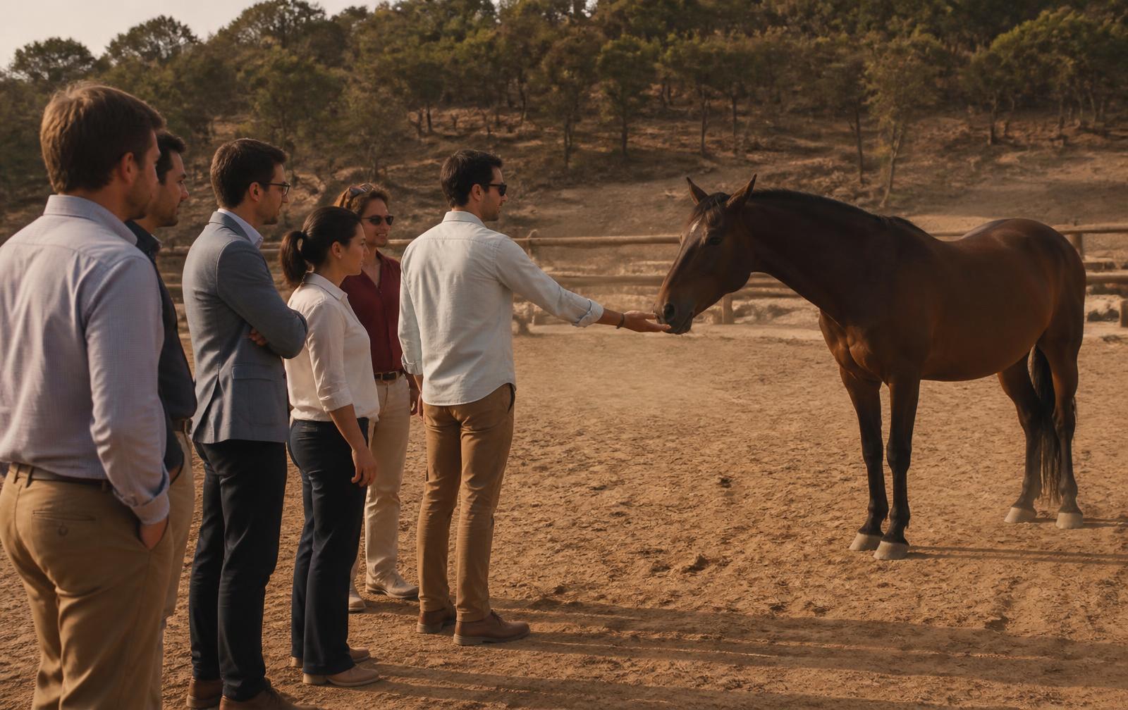 Equipo de trabajo frente a un caballo durante una experiencia corporativa